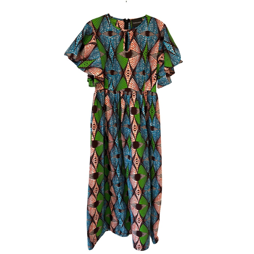 Tribalbyn Ankara African Print Maxi Dress Green Blue Flutter Sleeve Keyhole S